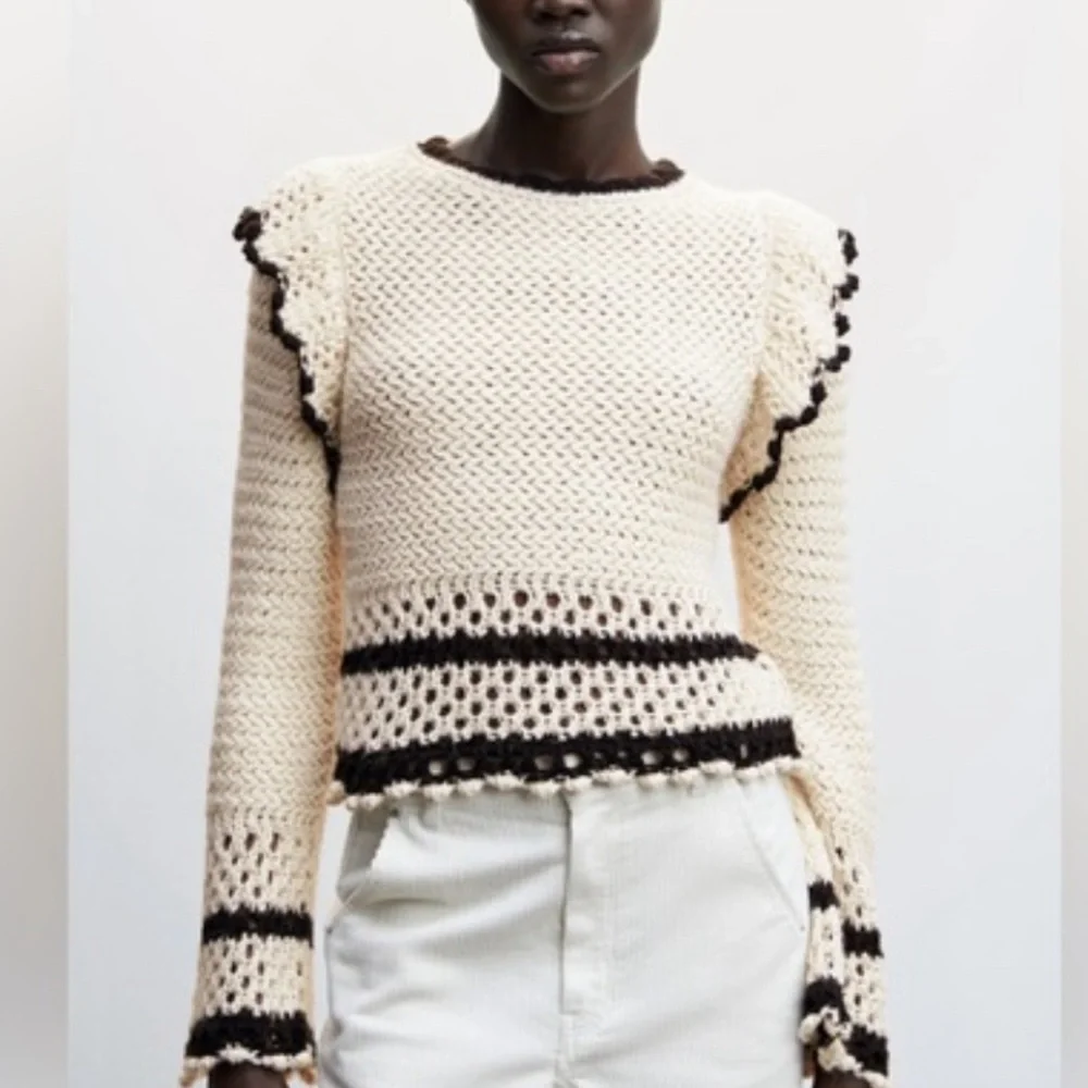 Mango Black & Cream Knit Sweater With Ruffled Open Work Details